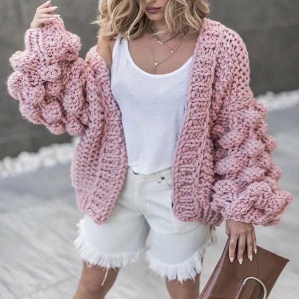 

2020 style hand-knitted ball lantern sleeve sweater jacket women h1211, White;black