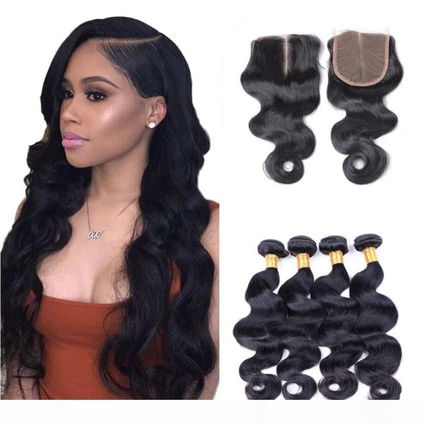 

8a grade brazilian vrgin human hair 4 bundles with closure body wave hair weaves and closure unprocessed brazilian virgin hair extensions, Black