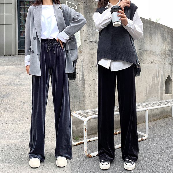 

casual women pants velvet pants autumn long straight wide soft leg trousers elastic waist female 201031, Black;white