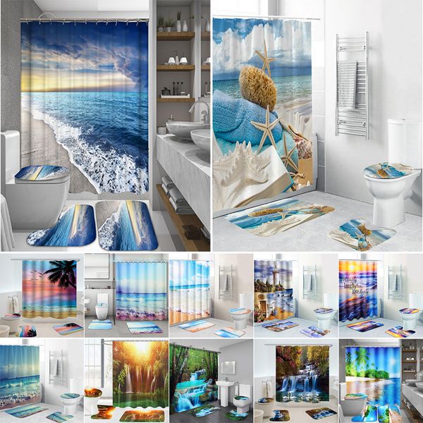 

coastal beach scenery 3d printing waterproof shower curtain pedestal rug lid toilet cover mat bathroom set with 12 hooks