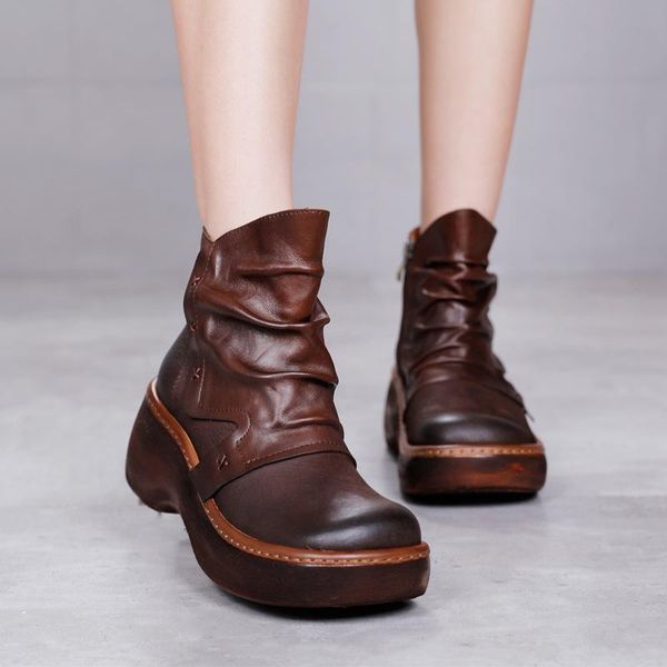 

johnature ankle platform boots genuine leather 2020 new winter zip women shoes round toe handmade concise leisure women boots, Black