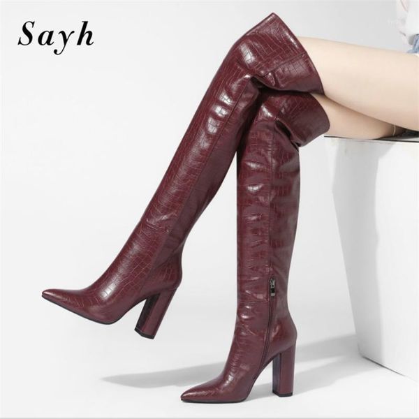 

boots 2021 winter woman pointed toe over knee zipper leather for women high heels stilettos shoes size 35-43 black1, Black