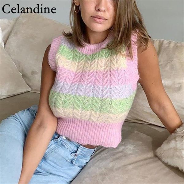 

celandine autumn winter fashion o neck sleeveless knitted sweater vest women casual cropped tank pullover jumper 2020, Black;white