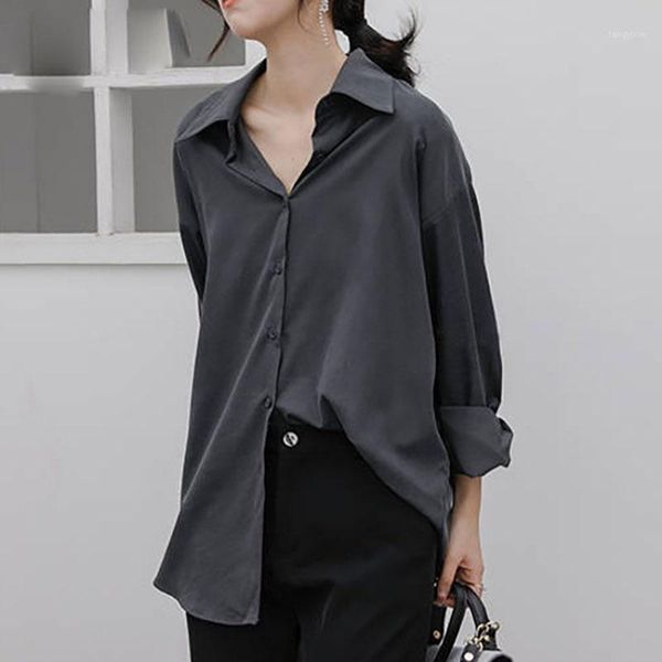 

shirt and blouse women office lady korean fashion black gray fall 2021 spring plus size clothing solid harajuku1, White