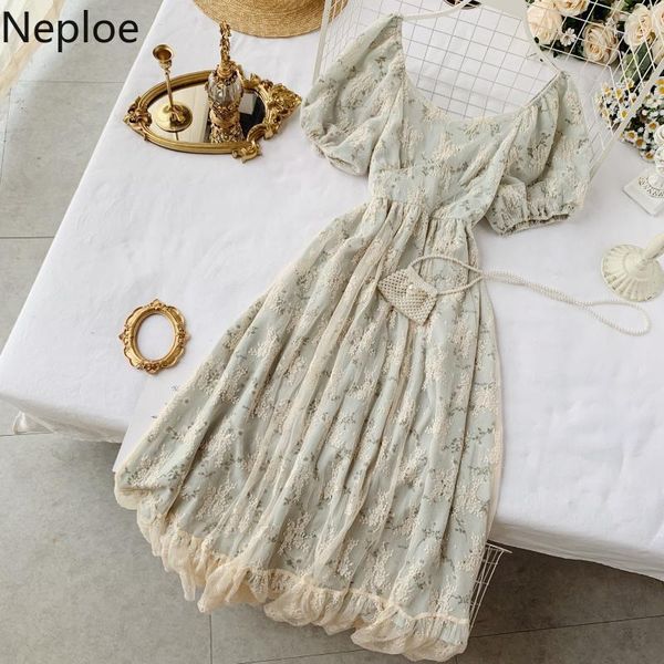 

neploe french elegant fairy dress women 2020 fashion chic summer retro maxi long lace dress high waist floral party 496101, Black;gray