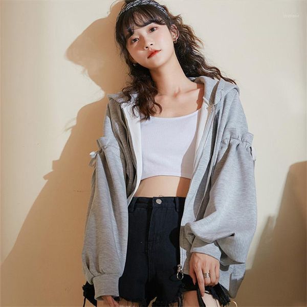 

autumn lantern sleeve hoodie women's sweatshirt zipper pocket pleated drawstring female hoodies solid casual loose ladies coat1, Black