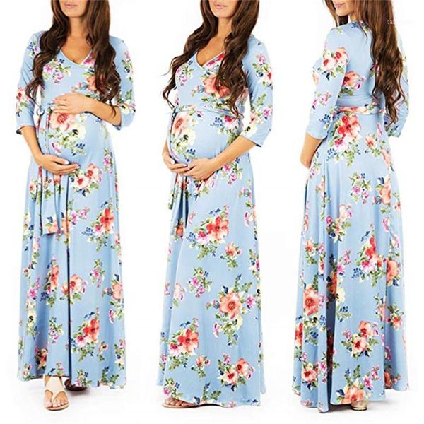 

robe femme enceinte women sashes v neck 3/4 sleeve flower print wrap maxi dress 2020 pregnant women dress1, Black;gray