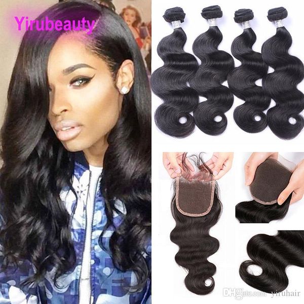 

peruvian 4 bundles with 4x4 lace closure body wave virgin human hair bundles with middle three part 8-28inch, Black;brown