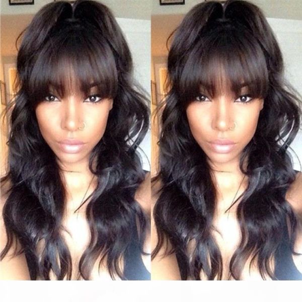 

brazilian natural body wavy full lace wig with bangs lace front human hair wig full bangs natural color for black women, Black;brown