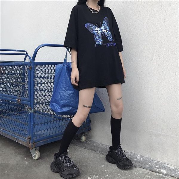 

лето темно harajuku рыхлого дама с короткими рукавами о шее чернил бабочки женщин т курсисткаха рубашка kpop прохладно топы хлопка стрит, White