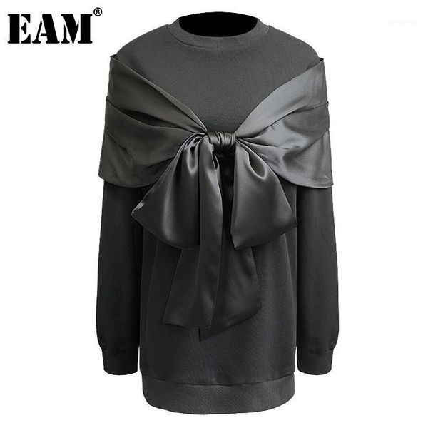 

eam] loose fit spliced big bow sweatshirt new round neck long sleeve women big size fashion tide spring autumn 2020 1dd18061, Black