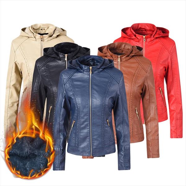 

new 2019 winter stand collar leather jacket women faux leather biker jacket autumn black and red