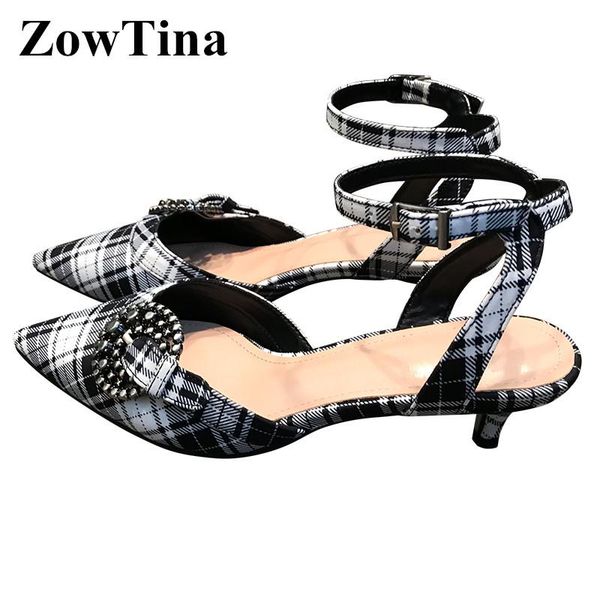 

black white plaid women dress shoes pointed toe crystal spring sandalias feminina designer kitten heels summer sandals zapatos