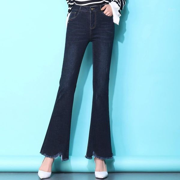 

women's jeans autumn and winter temperament high waist fishtail hairline denim micro trousers ladies jeans1, Blue