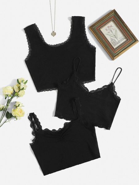 

3pcs lace detail lettuce trim cami & tank w98t#, White