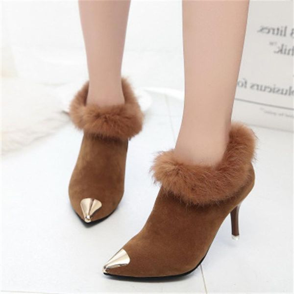 

fashion winter new fur boots women's fine with high-heeled ankle boots pointed high heel for women shoes gray black