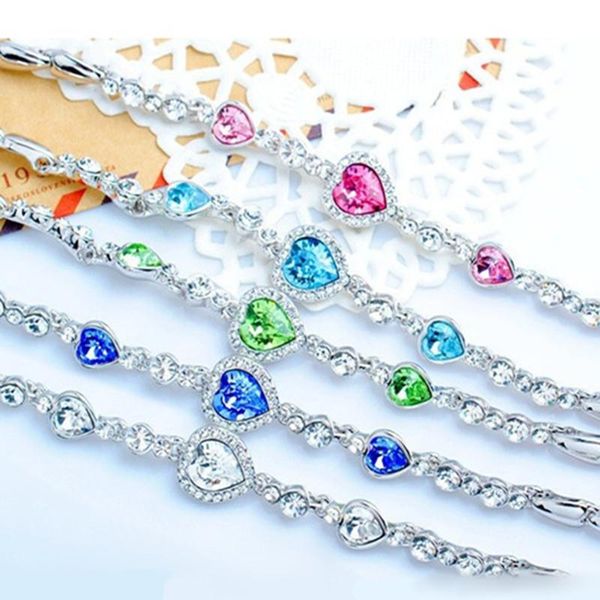 

anklets fashion female heart crystal bracelets for women girls ocean blue sliver plated bracelet wedding jewelry gift, Red;blue