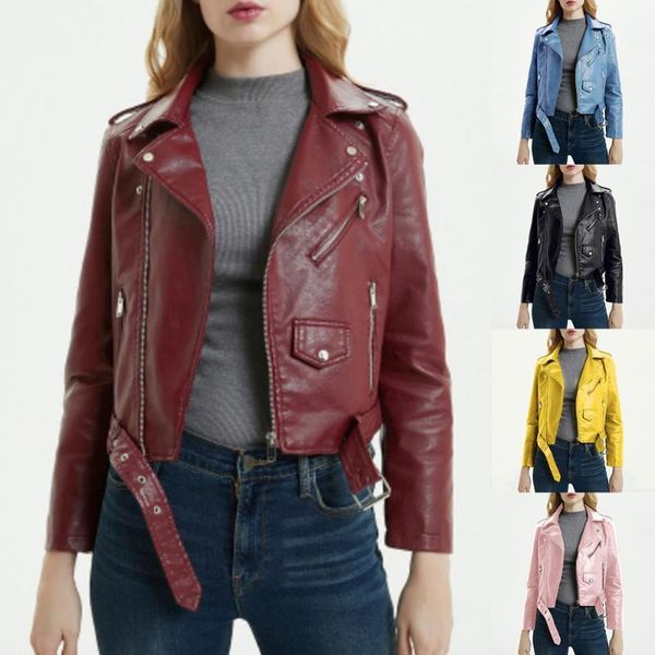 

women biker jacket vintage 2020 fashion black blue fake faux leather lady pu zipper pocket motorcycle outerwear female coat belt1