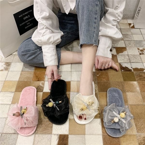 

cootelili woman slippers winter shoes for women new fashion bow faux fur 1.5cm heel slippers women shoes pink basic plus size 41 y201026, Black