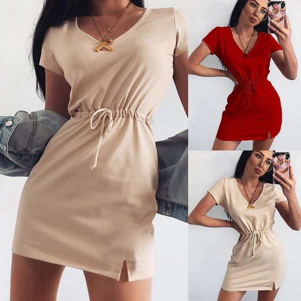 

2021 spring and summer women's drawstring belt short sleeve split v-neck solid color dress1, Black;gray