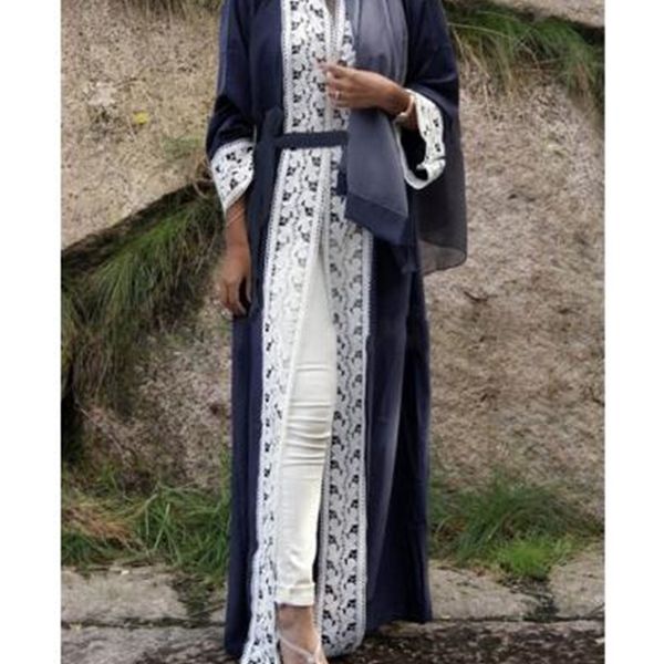 

2021 new women's dress trimmed front lace maxi kimono dub clothes abayas for women hy1n, White;black