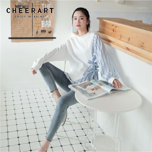 

women's hoodies & sweatshirts cheerart fall sweatshirt women patchwork striped long sleeve side tie casual sweat femme designer clothin, Black