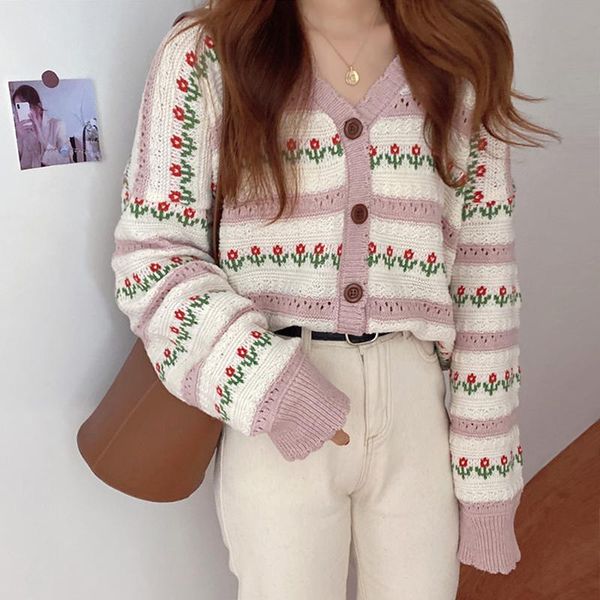 

christmas knitted sweater women autumn sweet stripe floral print cardigan sweater female loose korean coat women 2020, White