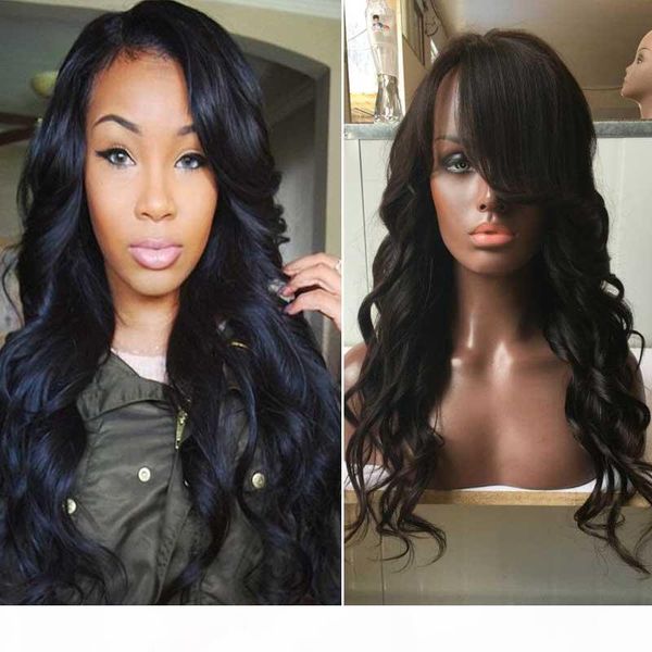 

side bangs brazilian glueless lace wigs human hair lace front wig with baby hair bleached knots, Black;brown
