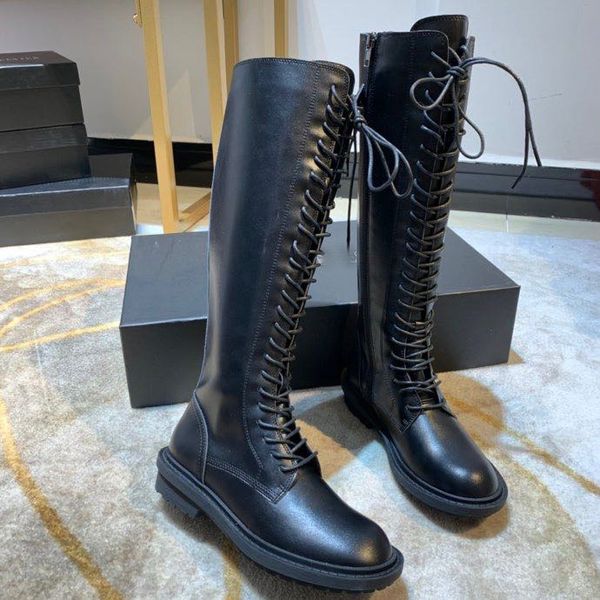 

winter 2020 new designer women's boots lace up knee high boots leather snow luxury martin boots 35-40, Black