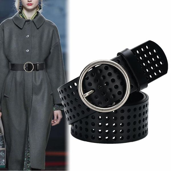 

оригинальный дизайн real корова кожаный пояс vintage круг пряжка полого ремень для женщин джинсов моды лучших качеств широкого пояс пальто s, Black;brown