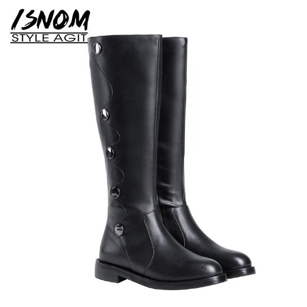 

boots isnom motorcycle women cow leather knee high boot woman rivet thick heels shoes female round toe ladies winter 2021, Black