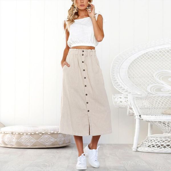 

skirt female fashion summer button high waist long section skirt street casual a word stretch high waist, Black