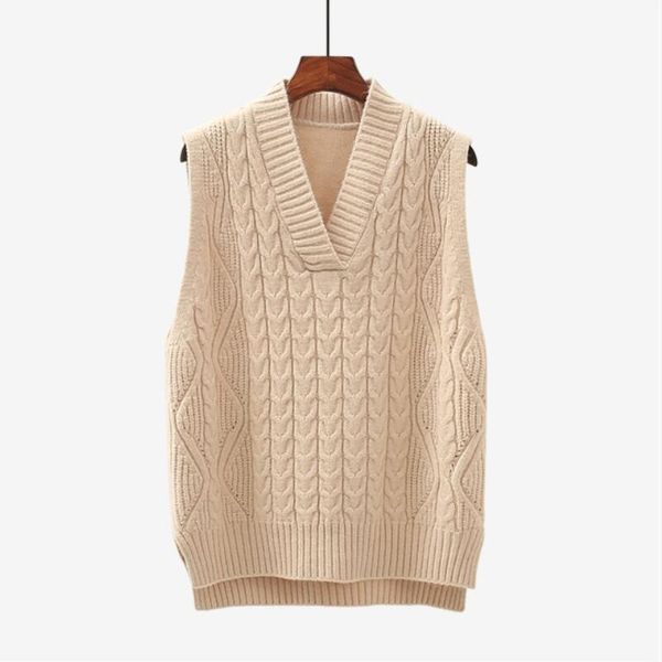 

2021 twist qullover sweater vest women autumn new loose net red v-neck waistcoat wool knitted vest girl, White