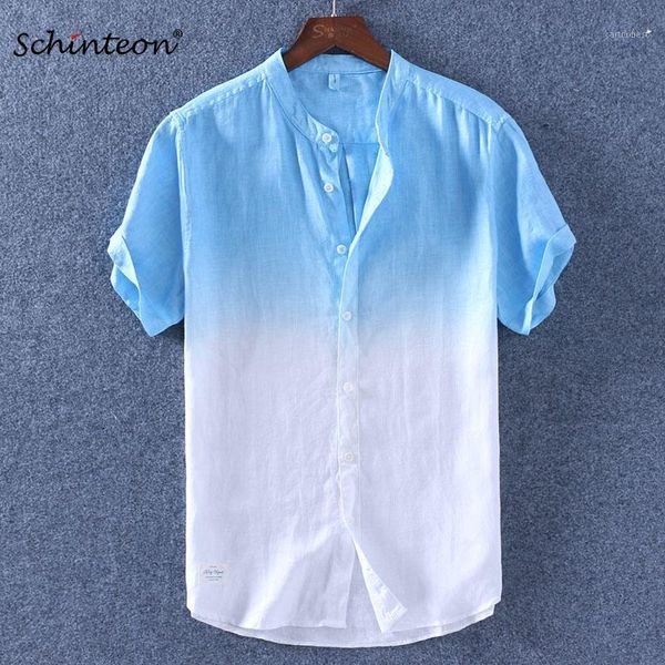 

men's casual shirts schinteon 2021 gradient men short sleeves shirt summer cotton linen slim stand collar comfortable shirts1, White;black