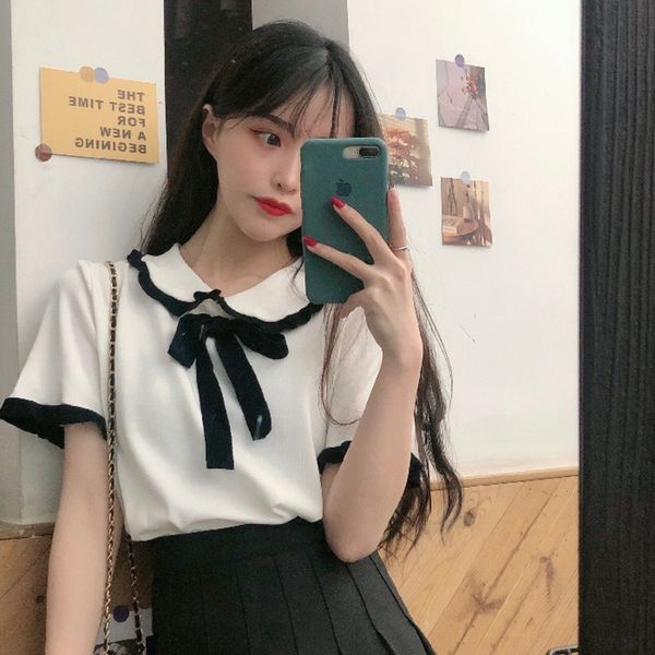 

детский воротник короткого рукава лето женщин свободного короткий harajuku стиль узелок футболка корейского top coat футболка топ топ e467h, White;black