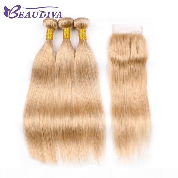 

beau diva pre colored #27 blonde bundles with closure brazilian straight hair bundles with closure remy human hair with closure, Black;brown