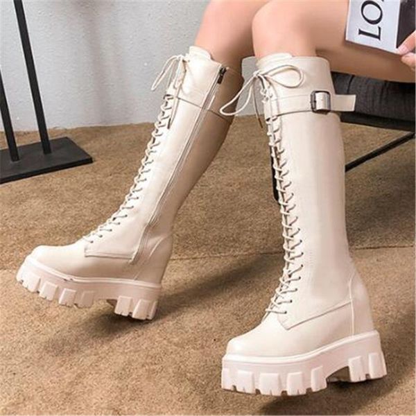 

зима женщины платформы колено высокие сапоги мода крест связали длинные сапоги женщины теплый мотоцикл пряжки платформы кроссовки 34-39, Black