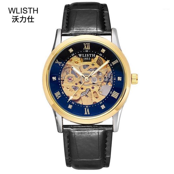 

wlisth brand men skeleton watch stainless steel or leather watch band 30m waterproof luminous pointer men's business wristwatch1, Slivery;brown