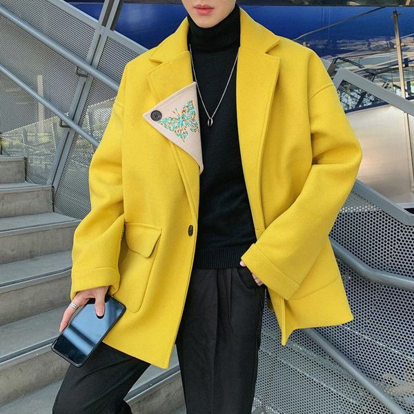 

men's wool & blends 2021 winter youth korean couple loose pure color butterfly embroidered woolen coat yellow/black/beige