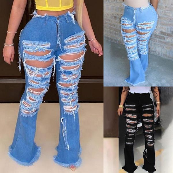 

running pants ripped jeans fringe hollow out ruffle flare denim high waist bodycon hole women pants1, Black;blue