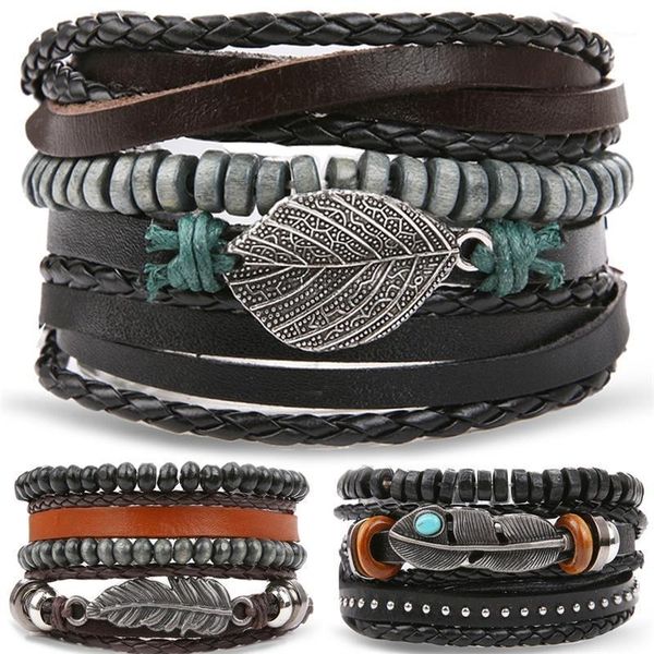 

ifmia vintage multiple layers leather bracelet set for men women charm leaf feather stone wood beads wrap bracelets pulseras new1, Golden;silver