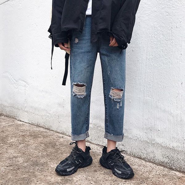 

nice spring and autumn nine points jeans male korean version loose straight hole casual pants men tide blue 27-351