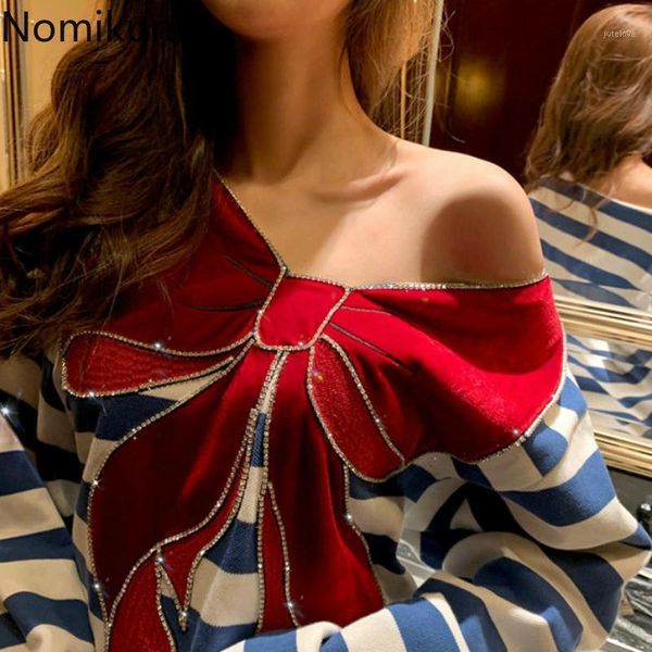 

nomikuma strapless stripe sweatshirt korean beads velour bowknot pullover jumper 2020 autumn winter women hoodies 6c9931, Black