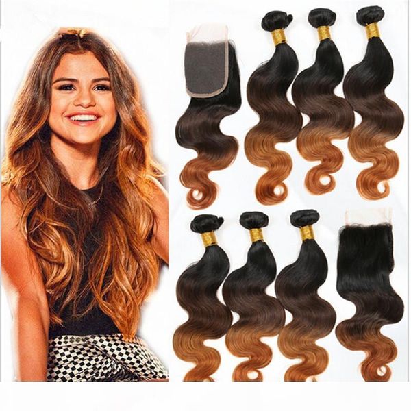 

malaysian 1b 4 30 dark roots ombre human hair weaves with lace closure body wave three tone colored 3bundles with closure 4pcs lot, Black