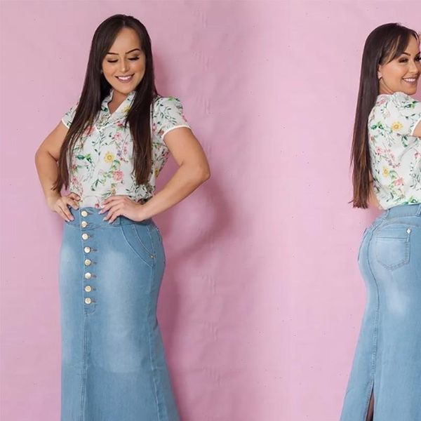 

35 womens yellow skirt casual front button washed denim skirts long jean skirts woman fashion 2019 korean skirt spodnica, Black