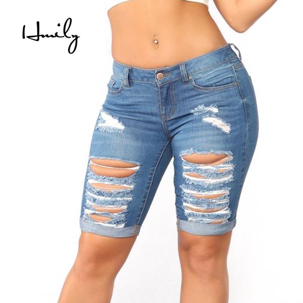 

hmily jeans summer short women ripped denim shorts zipper mid waist pencil short pants casual streetwear for ladies, Blue