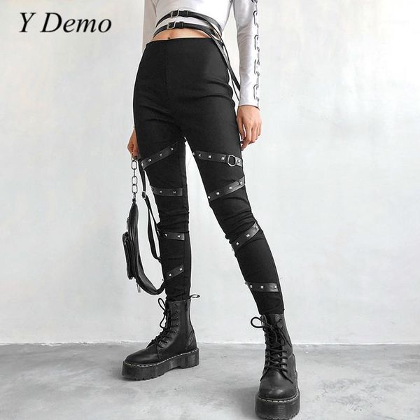 

punk buckles women slim pencil pants legging casual soft slim elastic trousers1, Black;white