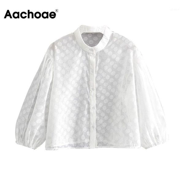 

women polka dot transparent blouse spring summer organza lace loose three quarter sleeve v-neck see through ladies 1, White