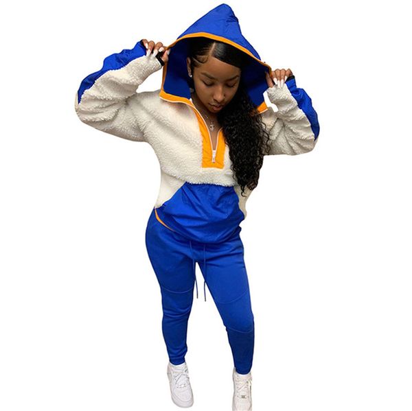 

s-3xl sherpa fleece hoodie пэчворк и брюки комплект для женщин плюс размер двухкусочный капюшоном нарядах big hat пуловер tops sweatsuit clo, White