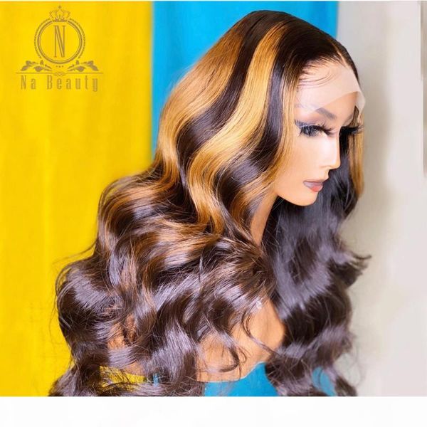 

honey blonde highlight human hair wig t part front lace wig preplucked lace closure body wave for black women nabeauty remy, Black;brown